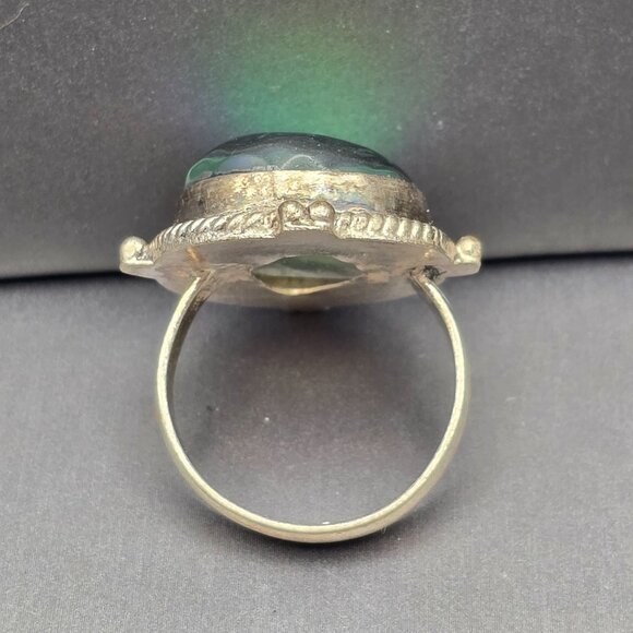 925 Sterling Silver Plt Dichroic Glass Ring Size 9 Green Iridescent Bezel Settin - Picture 3 of 12